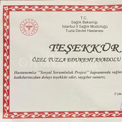 TUZLA DEVLET HASTANESİNDEN OKULUMUZA TEŞEKKÜR BELGESİ