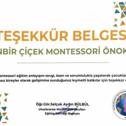Binbir Çiçek Montessori Önökul’e Teşekkür Belgesi! 🌸🎓✨