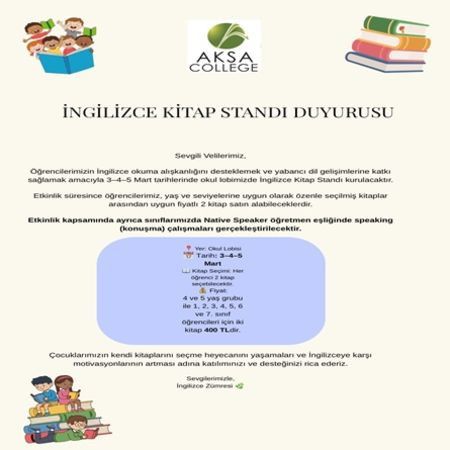 AKSA COLLEGE İNGİLİZCE KİTAP STANDI DUYURUSU
