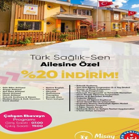 Türk Sağlık-Sen Üyelerine Misay Anaokulları’nda Özel İndirim Fırsatı!